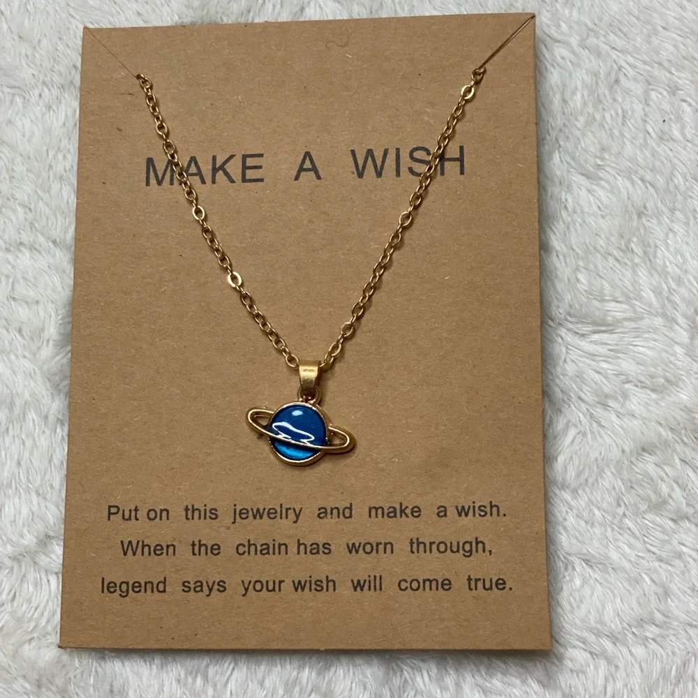 Planet Saturn Necklace ~ outer space w Make a Wish card solar system sky